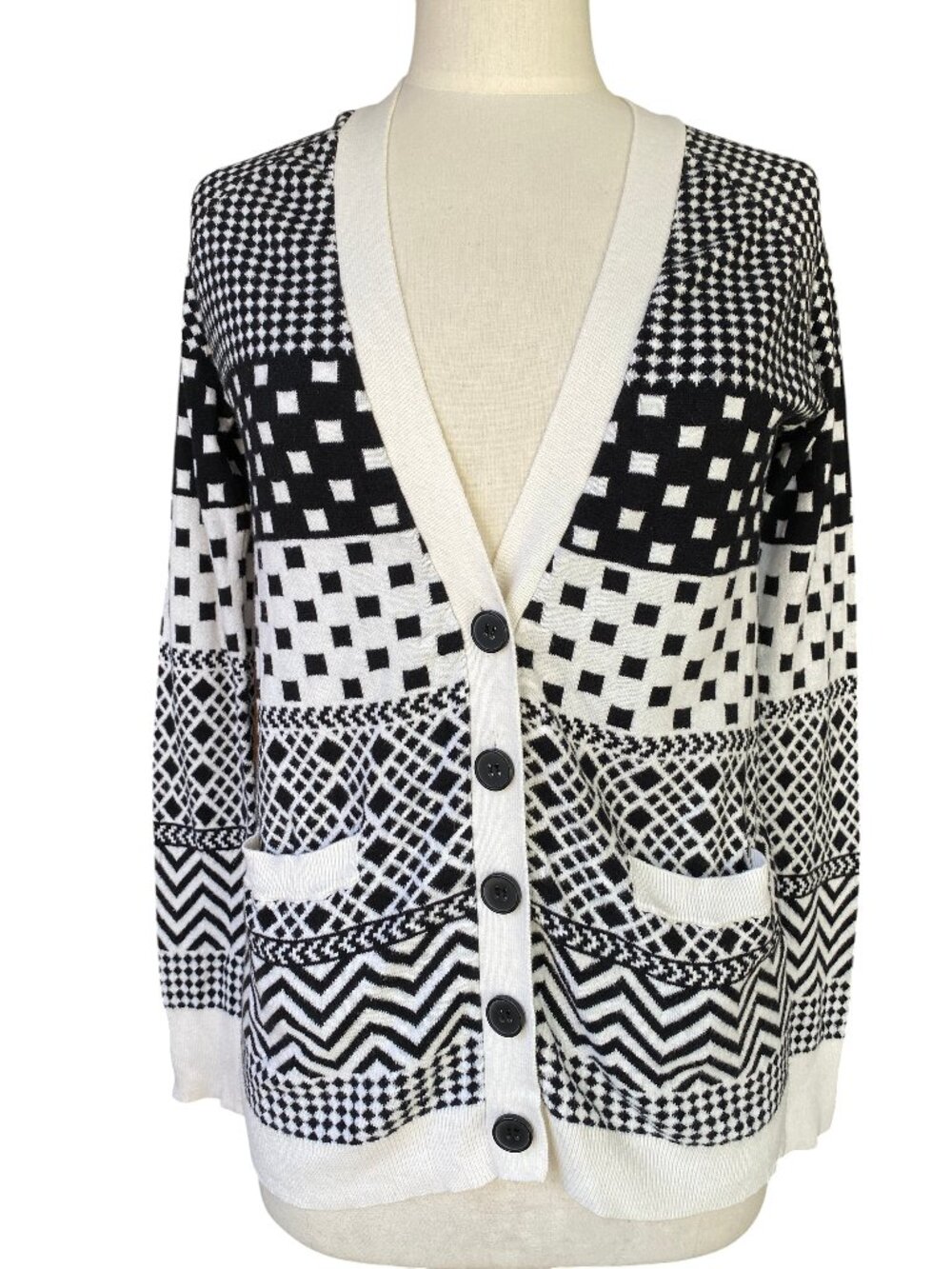 Nollie Black White Geometric Mixed Print Cardigan Checkerboard Chevron Y2K-M